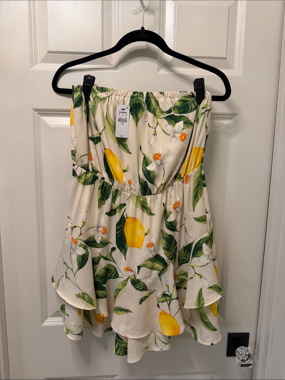 Express Strapless Lemon-Print Ruffle Dress - Cream/Yellow/Green